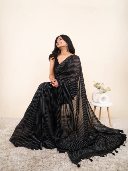 Intricate Black Designer Linen Cotton Saree with Digital Print and Tussle for Daily Wear Printed Cotton Sarees Wholesale