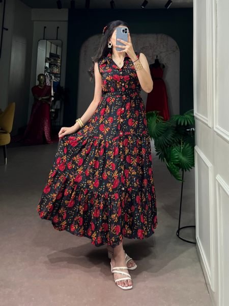 Intricate Black Designer Maslin Silk Floral Print Dress with Micro Crepe Inner for Wedding 