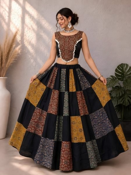 Intricate Black Festive Wear Ajrakh Lehenga Choli with Stitched Blouse For Navrati 