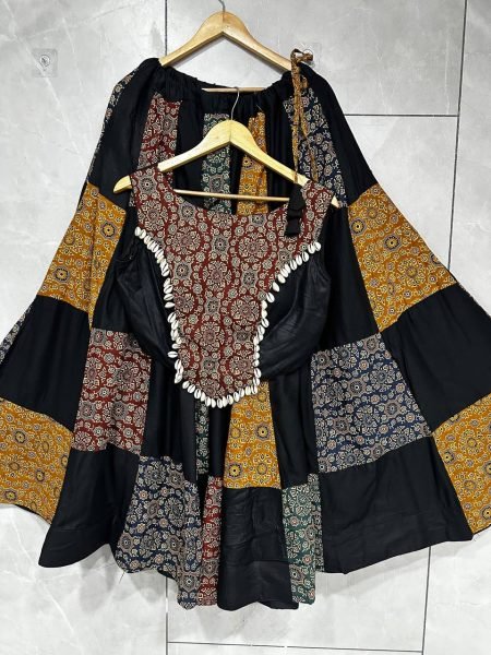 Intricate Black Festive Wear Ajrakh Lehenga Choli with Stitched Blouse For Navrati Navratri Lehnega Choli