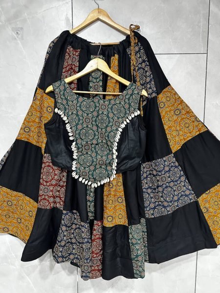 Intricate Black Festive Wear Ajrakh Lehenga Choli with Stitched Blouse For Navrati Navratri Lehnega Choli