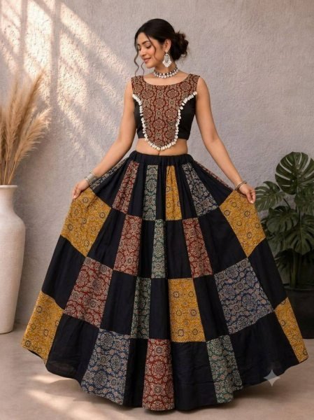 Intricate Black Festive Wear Ajrakh Lehenga Choli with Stitched Blouse For Navrati Navratri Lehnega Choli