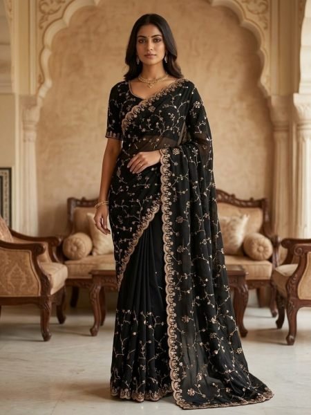Intricate Black Party Wear Space Silk Saree with Heavy Beads and Cut Dana Work Sarees 
