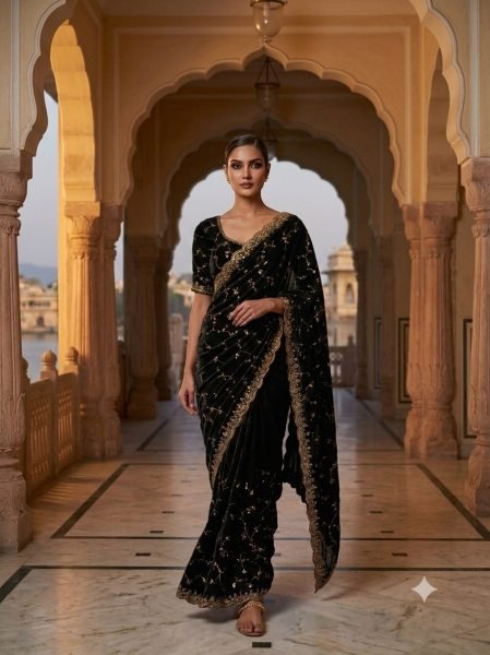 Intricate Black Party Wear Space Silk Saree with Heavy Beads and Cut Dana Work Silk Sarees Wholesale