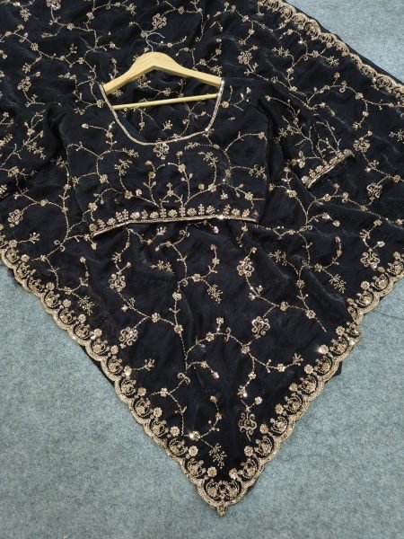 Intricate Black Party Wear Space Silk Saree with Heavy Beads and Cut Dana Work Silk Sarees Wholesale