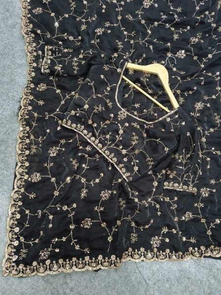 Intricate Black Party Wear Space Silk Saree with Heavy Beads and Cut Dana Work Silk Sarees Wholesale