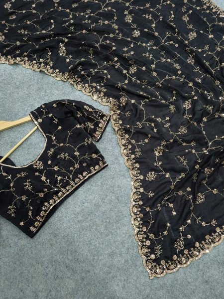 Intricate Black Party Wear Space Silk Saree with Heavy Beads and Cut Dana Work Silk Sarees Wholesale