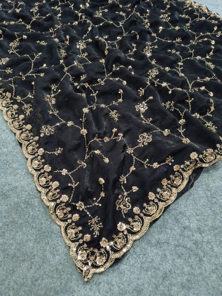 Intricate Black Party Wear Space Silk Saree with Heavy Beads and Cut Dana Work Silk Sarees Wholesale