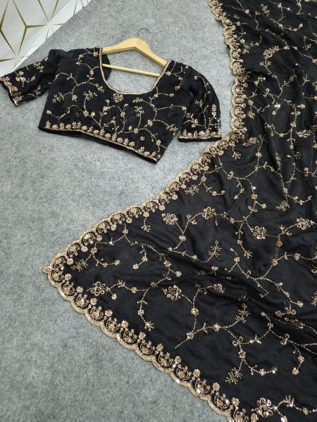 Intricate Black Party Wear Space Silk Saree with Heavy Beads and Cut Dana Work Silk Sarees Wholesale
