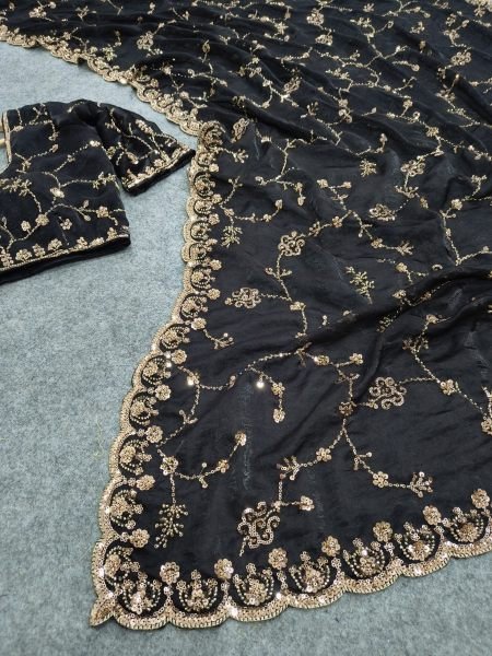 Intricate Black Party Wear Space Silk Saree with Heavy Beads and Cut Dana Work Silk Sarees Wholesale