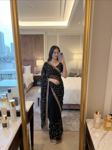 Intricate Black Party Wear Space Silk Saree with Heavy Beads and Cut Dana Work Silk Sarees Wholesale