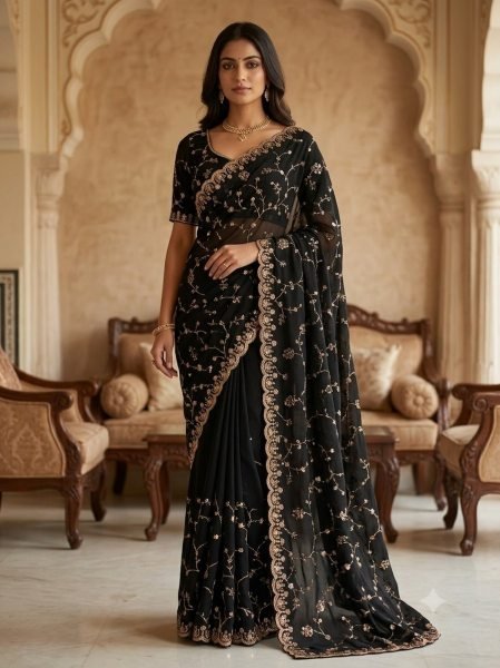 Intricate Black Party Wear Space Silk Saree with Heavy Beads and Cut Dana Work Silk Sarees Wholesale