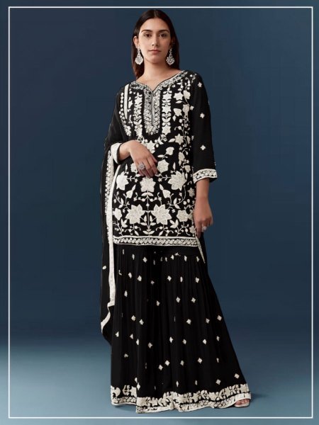 Intricate Black Premium Chiffon Georgette Suit Set with Santoon Inner Comfort Salwar Kameez