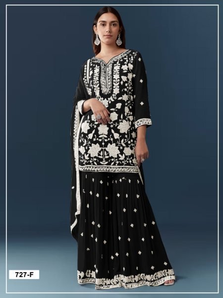 Intricate Black Premium Chiffon Georgette Suit Set with Santoon Inner Comfort Sharara Set