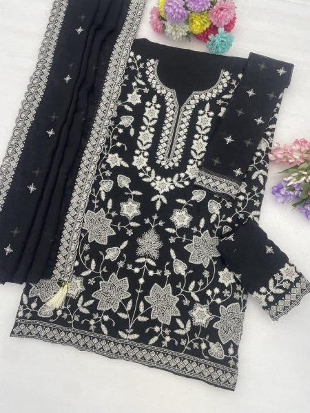 Intricate Black Premium Chiffon Georgette Suit Set with Santoon Inner Comfort Sharara Set