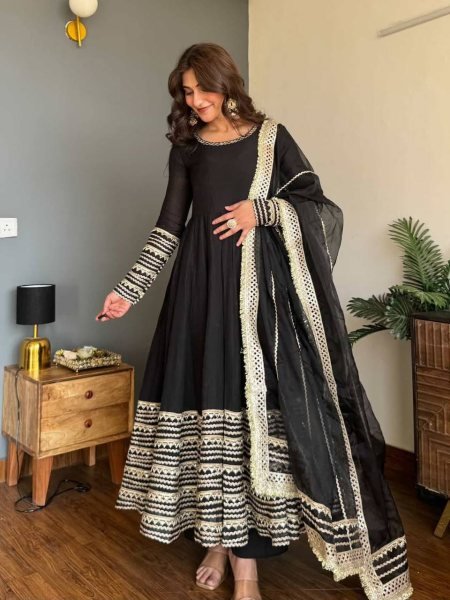 Intricate Black Rayon Kali Cut Gown Pant Dupatta Set For Wedding Ready To Wear Collection
