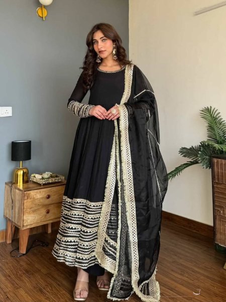 Intricate Black Rayon Kali Cut Gown Pant Dupatta Set For Wedding Ready To Wear Collection