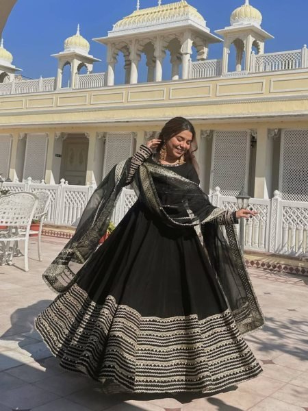 Intricate Black Rayon Kali Cut Gown Pant Dupatta Set For Wedding Ready To Wear Collection