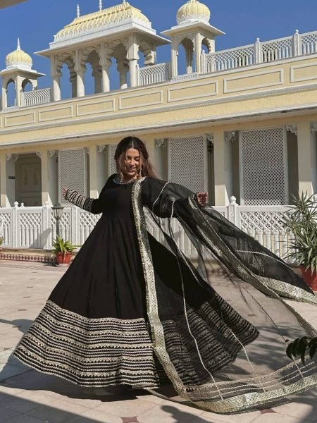 Intricate Black Rayon Kali Cut Gown Pant Dupatta Set For Wedding Ready To Wear Collection