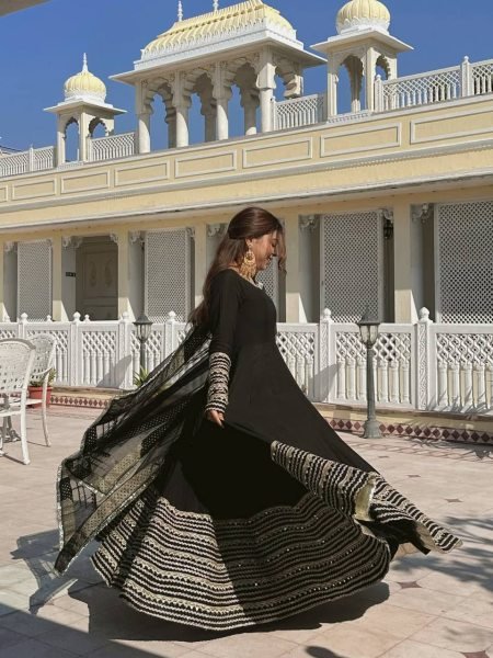 Intricate Black Rayon Kali Cut Gown Pant Dupatta Set For Wedding Ready To Wear Collection