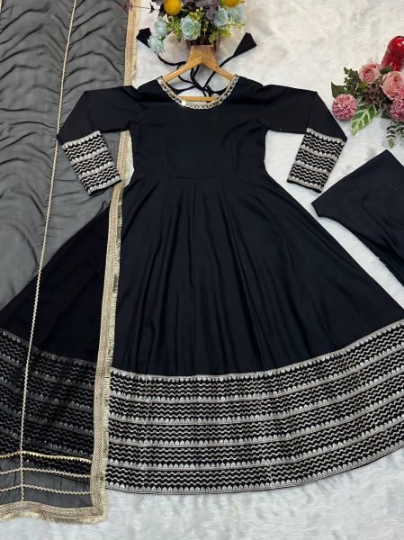 Intricate Black Rayon Kali Cut Gown Pant Dupatta Set For Wedding Ready To Wear Collection