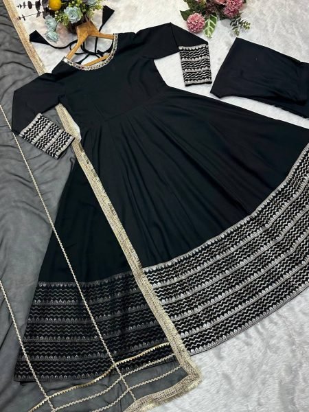 Intricate Black Rayon Kali Cut Gown Pant Dupatta Set For Wedding Ready To Wear Collection