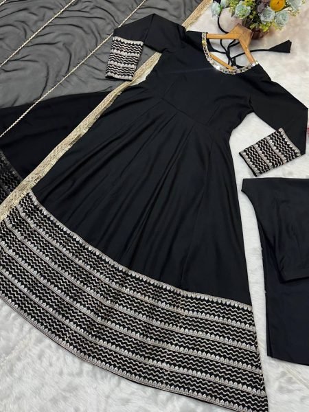 Intricate Black Rayon Kali Cut Gown Pant Dupatta Set For Wedding Ready To Wear Collection