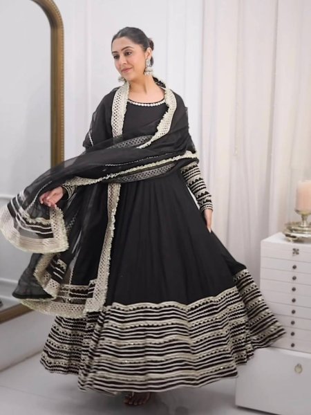 Intricate Black Rayon Kali Cut Gown Pant Dupatta Set For Wedding Ready To Wear Collection