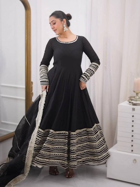 Intricate Black Rayon Kali Cut Gown Pant Dupatta Set For Wedding Ready To Wear Collection