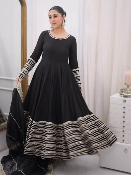 Intricate Black Rayon Kali Cut Gown Pant Dupatta Set For Wedding Ready To Wear Collection