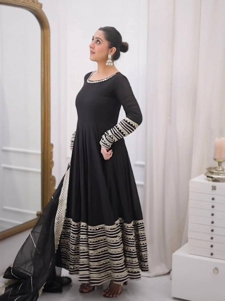 Intricate Black Rayon Kali Cut Gown Pant Dupatta Set For Wedding Ready To Wear Collection