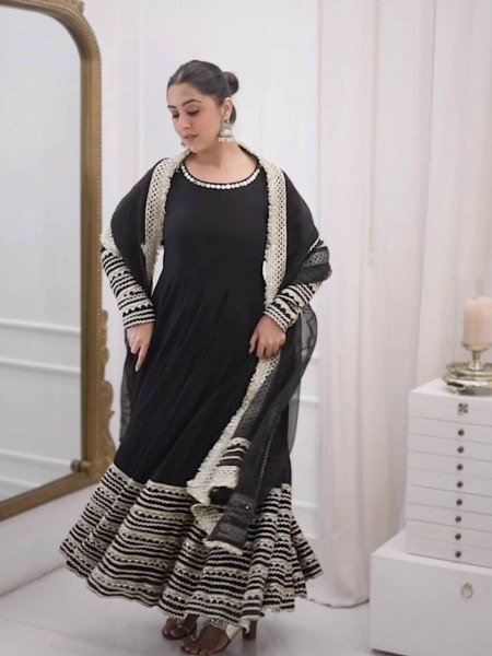 Intricate Black Rayon Kali Cut Gown Pant Dupatta Set For Wedding Ready To Wear Collection