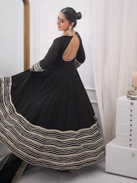 Intricate Black Rayon Kali Cut Gown Pant Dupatta Set For Wedding Ready To Wear Collection