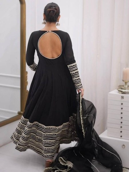 Intricate Black Rayon Kali Cut Gown Pant Dupatta Set For Wedding Ready To Wear Collection