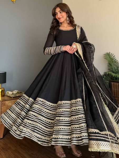 Intricate Black Rayon Kali Cut Gown Pant Dupatta Set For Wedding Ready To Wear Collection