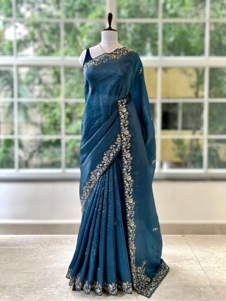 Intricate Blue Gold Crush Party Wear Saree with Sequins and Coding Work For Party Sarees 
