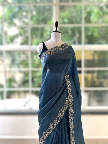 Intricate Blue Gold Crush Party Wear Saree with Sequins and Coding Work For Party Embroidery Sarees Wholesale