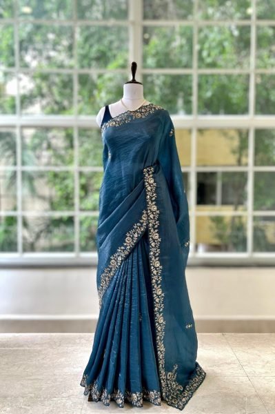 Intricate Blue Gold Crush Party Wear Saree with Sequins and Coding Work For Party Embroidery Sarees Wholesale