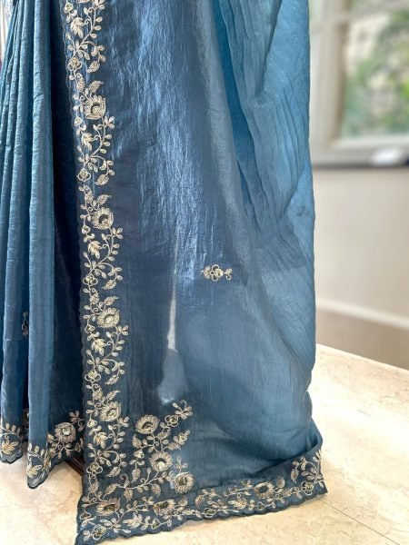 Intricate Blue Gold Crush Party Wear Saree with Sequins and Coding Work For Party Embroidery Sarees Wholesale