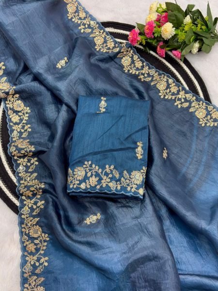 Intricate Blue Gold Crush Party Wear Saree with Sequins and Coding Work For Party Embroidery Sarees Wholesale