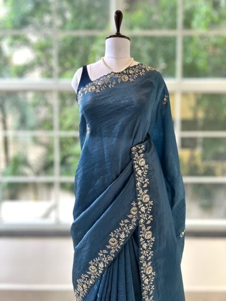 Intricate Blue Gold Crush Party Wear Saree with Sequins and Coding Work For Party Embroidery Sarees Wholesale