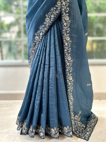 Intricate Blue Gold Crush Party Wear Saree with Sequins and Coding Work For Party Embroidery Sarees Wholesale
