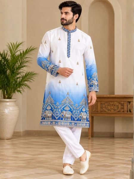 Intricate Blue Men’s Malai Satin Kurta with Digital Print at Wholesale Rate Kurta Pajama Wholesale