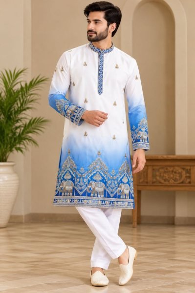 Intricate Blue Men’s Malai Satin Kurta with Digital Print at Wholesale Rate Kurta Pajama Wholesale