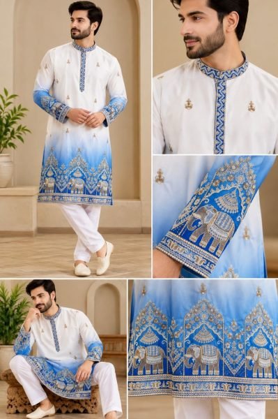 Intricate Blue Men’s Malai Satin Kurta with Digital Print at Wholesale Rate Kurta Pajama Wholesale