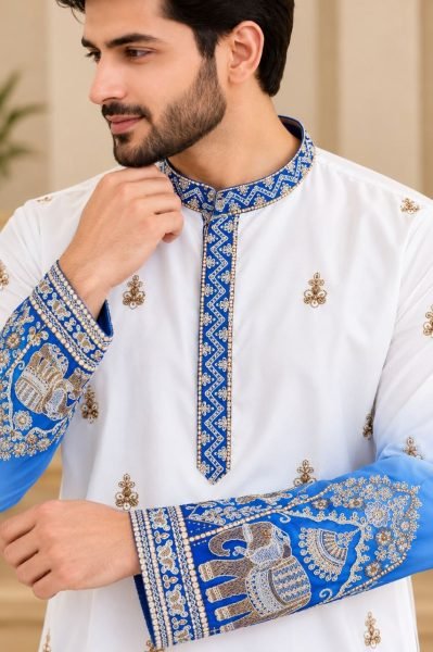 Intricate Blue Men’s Malai Satin Kurta with Digital Print at Wholesale Rate Kurta Pajama Wholesale