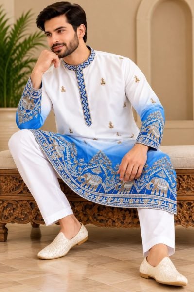 Intricate Blue Men’s Malai Satin Kurta with Digital Print at Wholesale Rate Kurta Pajama Wholesale