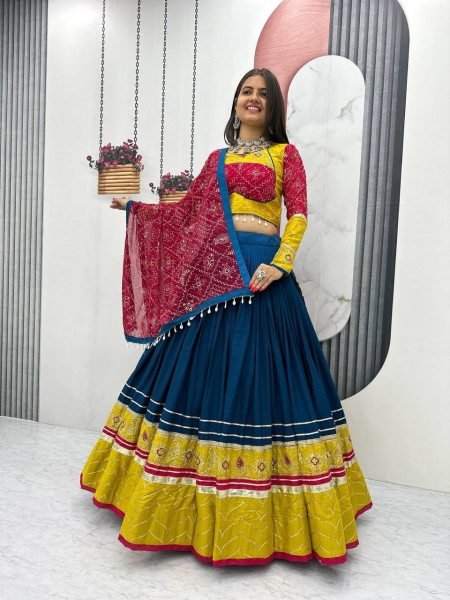 Intricate Blue Navratri Lehenga Choli with Ribbon Lace Detailing and Fox Georgette Dupatta Navratri Lehnega Choli