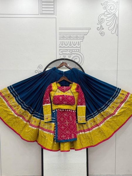 Intricate Blue Navratri Lehenga Choli with Ribbon Lace Detailing and Fox Georgette Dupatta Navratri Lehnega Choli