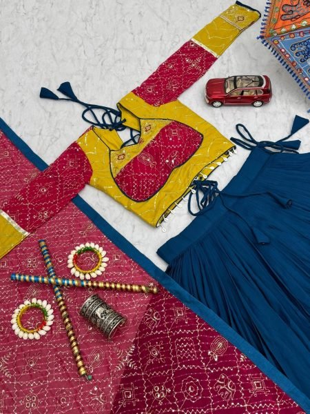 Intricate Blue Navratri Lehenga Choli with Ribbon Lace Detailing and Fox Georgette Dupatta Navratri Lehnega Choli